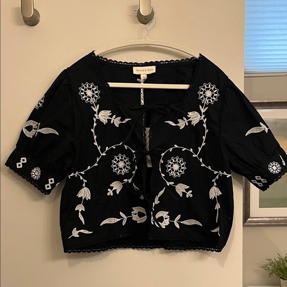 Jennifer & Grace Tops - Jennifer & Grace Black Embroidered Tie-Front Blouse